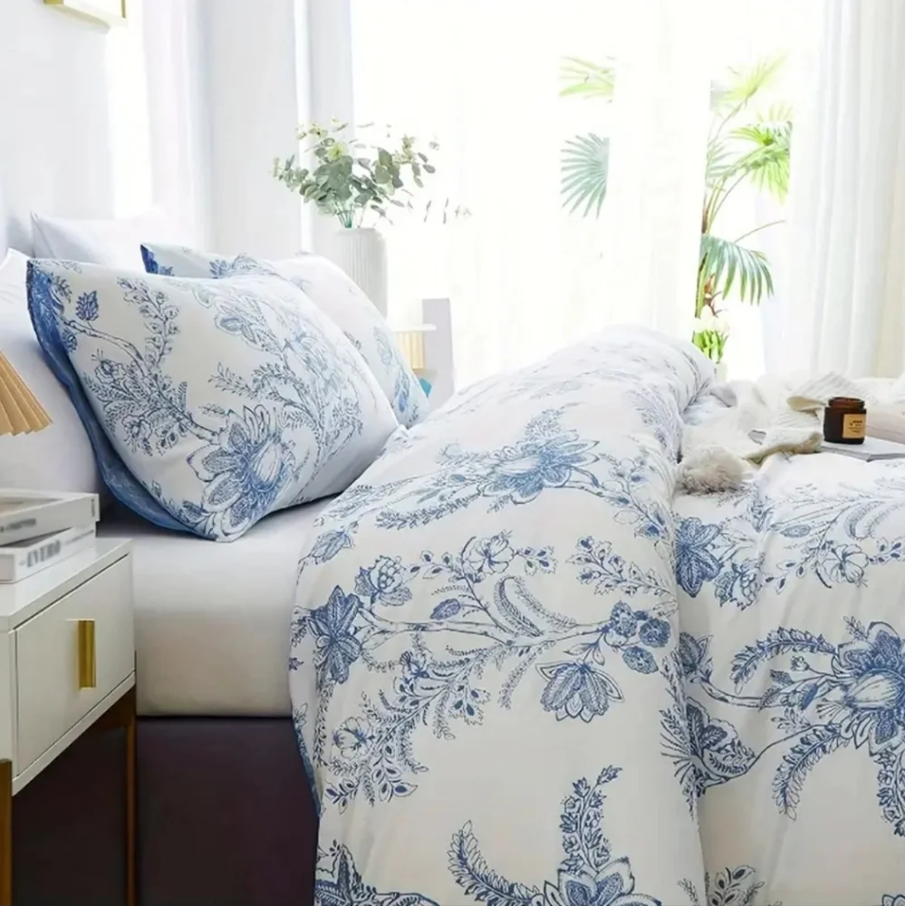 King Size Duvet Double Sided Print Floral Blue & White Bedding Set 3 Pieces Nwt